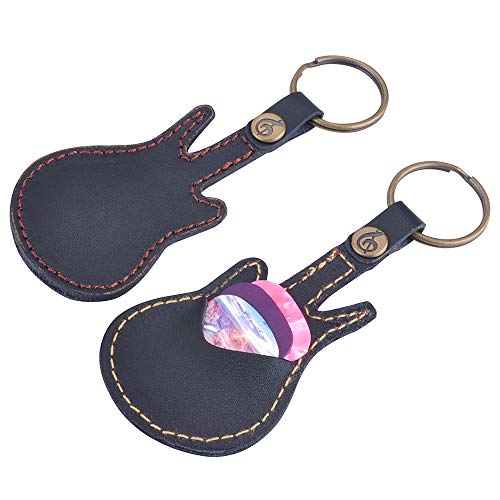 Guitar Picks Case Leather Pick Keychain Guitar Picks Holder Plectrums Case Bag With 5Pcs Guitar Picks Gift (Guitar Pick Case-Black) #TOP4
