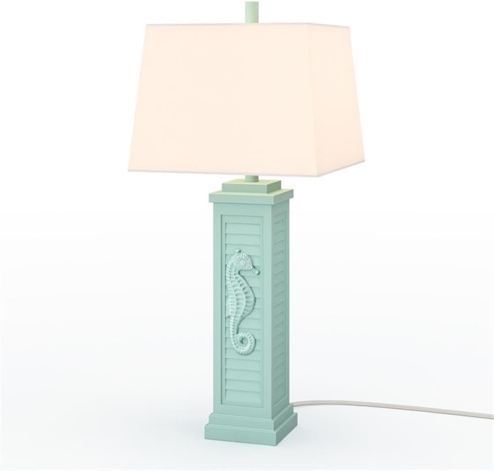 Pemberly Row 32-Inch Seahorse Shutter Table Lamps, Coastal Teal Resin Base, Linen Hardback Shades, 3-Way Switch with USB Ports, Set of 2, Beach Style Lighting for Living Room or Bedroom Decor