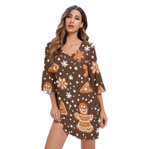 Robe en mousseline de soie marron de coupe trapèze avec un col en V raffiné
