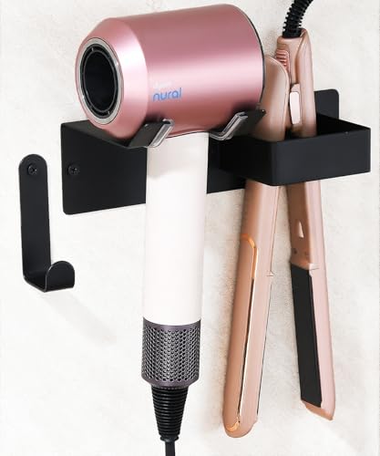 BANJEKT Hair Dryer and Straightener Holder Stainless Steel Hair Dryer Holder Wall Mounted Drilling/Adhesive Hair Dryer Holder for Bathroom Hair Tools Organiser Wall Mount Black
