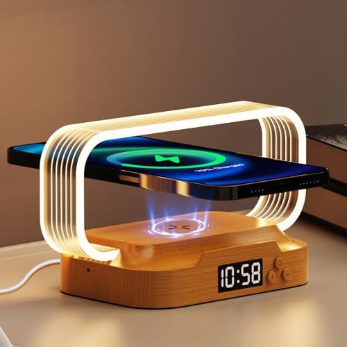 Donewin Small Nightstand Lamp with Wireless Charger,Cute Bedside Lamp with Clock,Small Table Lamp...