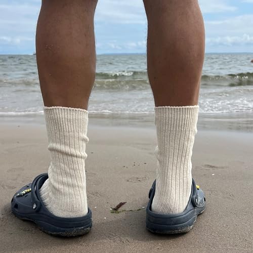 Premium 97% Cotton Socks for Men and Women, Midweight Relaxed Ribbed Loose Non-Binding Sock Large 10-13 US, Natural White, 2 Pairs, Made in Spain4