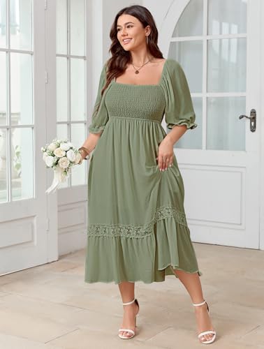Image of SCOMCHIC Women's Plus Size Boho Maxi Dress Short Sleeve Square Neck Smocked Flowy A-Line Lace Trim Wedding Guest Dresses