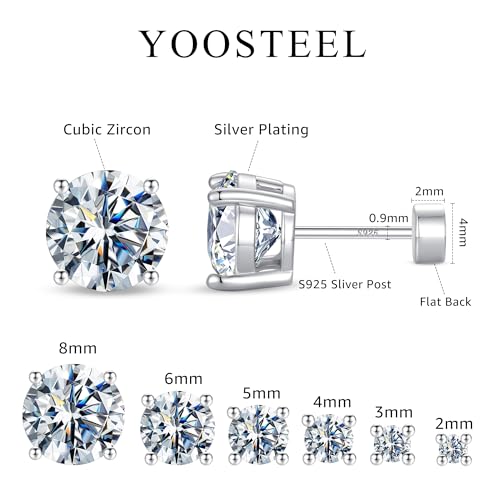 Yoosteel 6-Pair Flat Back Cubic Zircon Stud Earrings Set for Women and Men - Hypoallergenic Sterling Silver Tiny Studs for Multiple Piercings (2/3/4/5/6/8MM) - Image 6