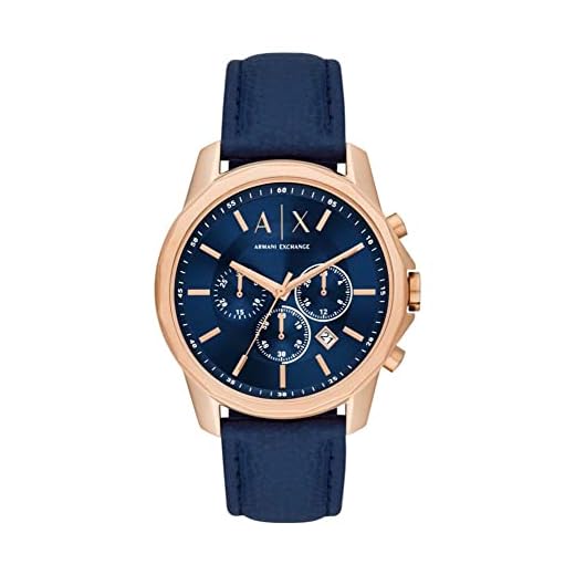 Armani Exchange Reloj Hombre, Movimiento cronógrafo, 44mm Caja de acero color oro rosa con correa de piel, AX1723, Azul y tono oro rosa