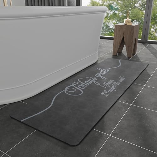 MontVoo -Bath Mat Rug- Non Slip Quick Dry Absorbent Thin Bathroom Rugs Fit Under Door-Faux Suede Surface Bathroom Floor Mats-Shower Rug for in Front of Bathtub Shower 17 X59 Dark Grey Text P