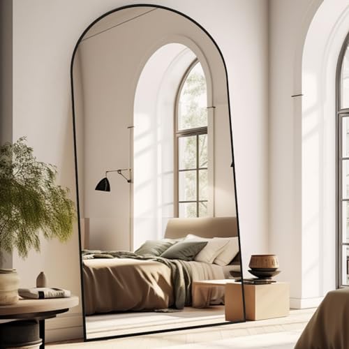Black Arched Full Length Mirror, 76x34 Oversized Mirrors with Stand, Aluminum Full Length Floor Mirror with Arched-Top, Floor Standing Mirrors for Bedroom, Living Room