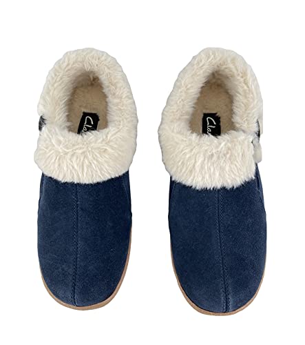 Clarks Womens Suede Leather Slipper with Gore and Bungee JMH2213 - Warm Plush Faux Fur Lining - Indoor Outdoor House Slippers For Women (7 M US, Navy)3