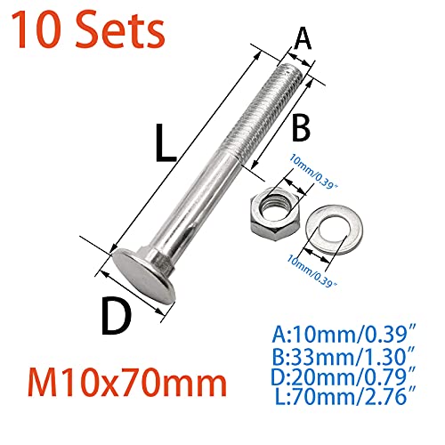 Image of 10 Sets Long Square-Neck Carriage Bolts Set,Carriage Bolts Set w /Nuts & Flat Washers,Zinc-Plated,Carbon Steel Grade 4.8,Plain Finish,Partial Threaded(M10-1.5X70mm)