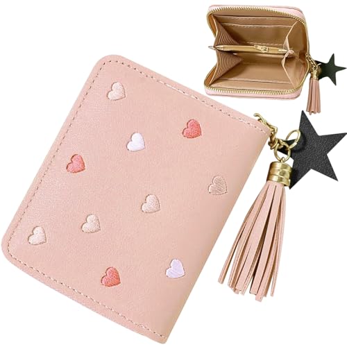 Oneroomone Klein Portemonnaie Damen Pu Leder, Nette Tasche Kinder, Portemonnaie Mit Kartenhalter Pu Leder, Mini Geldbörse Kinder Mit Quaste Reißverschluss, Für Mädchen Frauen (Rosa)