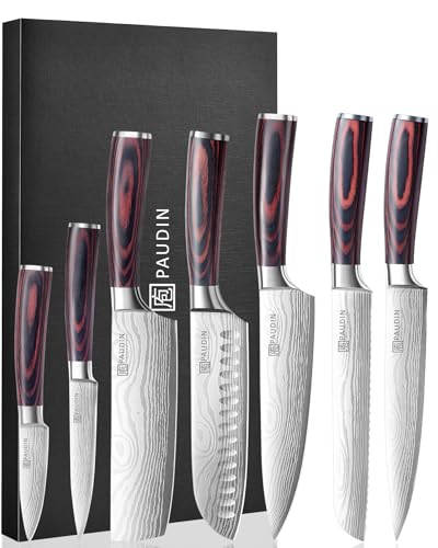 PAUDIN Knife Set 7-Piece Kitchen Knives Set with High Carbon Stainless Steel Professional Japanese Knife Set with Pakkawood Handle Kitchen Knives with Gift Box