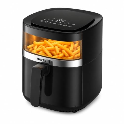 Image of Havells Prolife Stellar Chef Digital 5.5L Airfryer| Top Viewing Window| Silicon Coated Basket - No toxic fumes| Aerocrisp Technology| 3kV Surge Protection| Powered by Safeserve