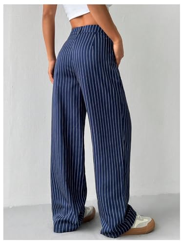 OYOANGLE Women's Striped Buttoned Zipper Fly Trousers High Waisted Straight Leg Casual Suit Pants2
