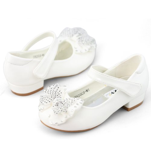 Shoezy Kids 3 Colors Girls Patent Crystals Bow Ankle Strap Low Heels Shoes