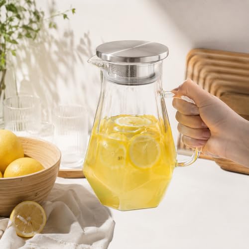 Image of Wringo Premium Glass Water Jug - 1.8 LTR, Transparent, Hot Cold Water Glass Pitcher with Steel Lid Water Jug, Iced Tea, Milk and Juice Beverage Carafe, Golden Lemon Jug 1800ML (WQ-20)