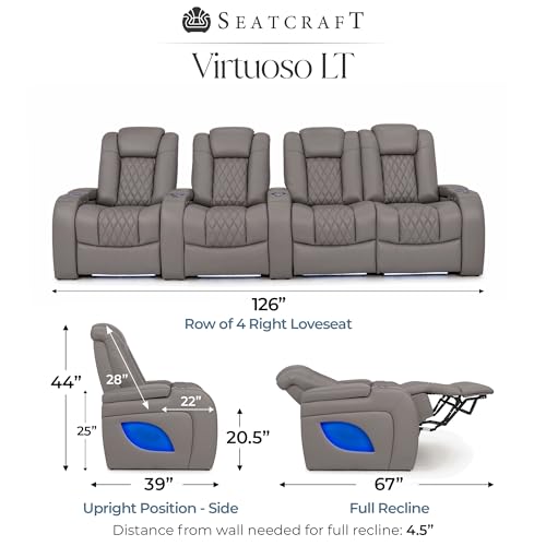 Image of Seatcraft Virtuoso LT Gray Italian Leather Home Theater Seating, Zero Gravity Power Recliner, Heat and Massage, Powered Headrest and Lumbar Gaming and Home Office Chair, Row of 4 Right Loveseats