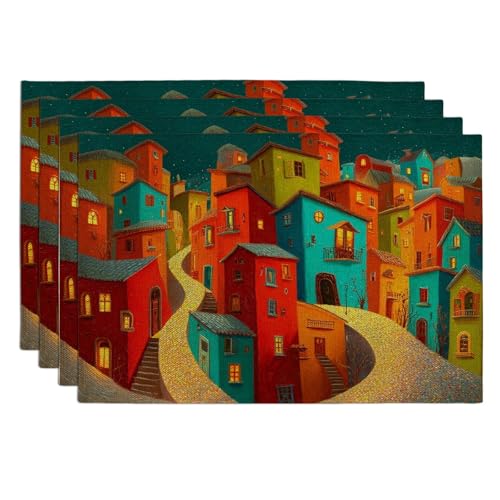 Manteles individuales coloridos con escena de pueblo, manteles individuales artísticos vibrantes para mesa de comedor, antideslizantes, lavables, para interiores y exteriores, juego de 4 manteles