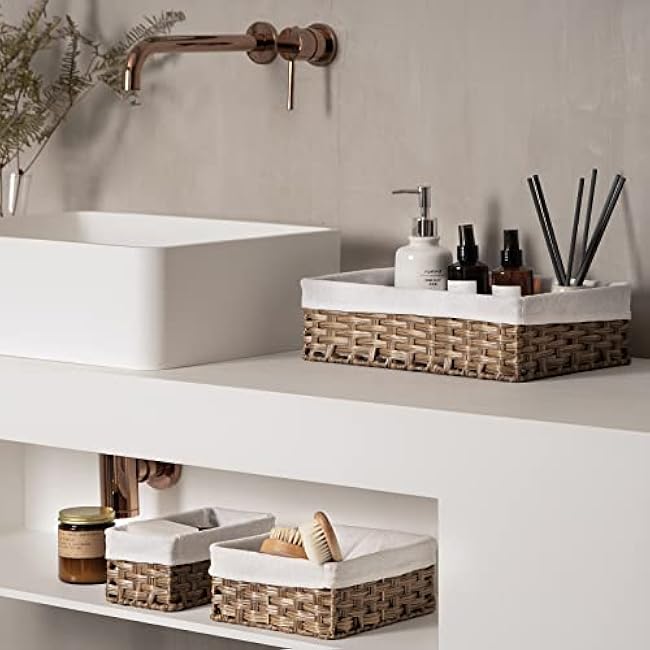 FairyHaus Wicker Baskets for Organizing, Waterproof Rectangle Small Storage Basket for Shelves, Nesting Lined Set of 3, Rustic Brown