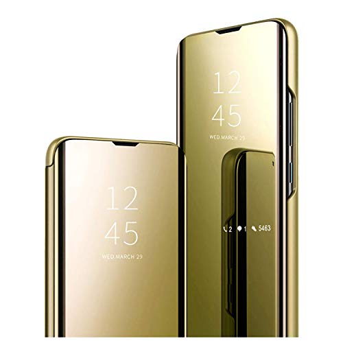 HAOYE Coque pour Samsung Galaxy A54 5G, Smart View Miroir Case PC/PU Cuir Etui Flip Cover Translucide Anti-Empreintes Makeup Housse avec Fonction Stand. Or