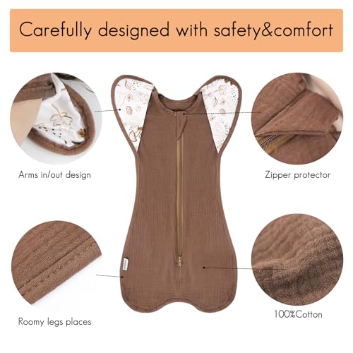 Image of Muslin Cotton Transition Swaddle Sack with 2-Way Zipper, Self-Soothing Sleep Sack with Arms up,2 Pack (Brown&White, 3-6 Months)