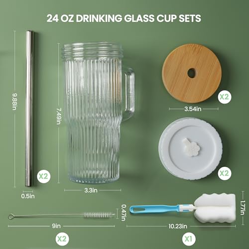Image of Birity 24oz Ribbed Glass Cup with Lids and Straws,2Pack Glass Tumbler with Handle,Reusable lced Coffee Cups with lids-Glass Cups with Lids,Mason Jar Cup for Smoothie,Coffee,Juice,Water,Tea,Travel Mug