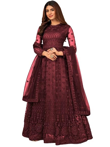 ishu fab New Embroidered Floor Length Anarkali Gown for Women Maroon, Free Size-picture-27