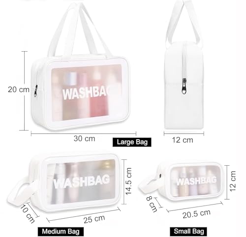 Image of Makeup Pouch Bag PVC Travel Toiletries Organizer Cosmetic Bags Wash Bag Pouch for Travel Kit Toiletry Bag Portable Organizer Case Carry Pouch for Women Bathroom Set of 3 (White)