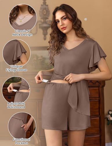 Ekouaer Maternity Sets 2 Piece Outfits Flowing Short Sleeve V Neck Postpartum Pregnancy Pajamas Clothes Khaki XX-Large - Image 3