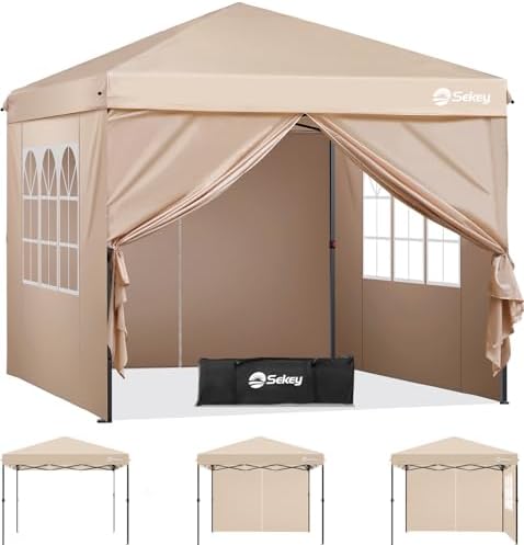 Sekey Premium Serie | Pop Up Faltpavillon 3x3 mit 4 Seitenwänden | Einfacher Aufbau, UPF 50+ UV Schutz, PU1000+ wasserdichtes Dach, Platz für 6–8 Personen, Khaki