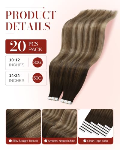 Image of Moresoo Invisible Tape Extensions Golden Brown Balayage 24in 20Pcs 50g | Tape extensions human hair, extra-long straight strands, golden highlights, low-profile tabs for braids and photo shoots