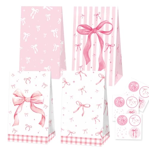 24 Pcs Pink Bow Party Paper Gifts Bags Girl Bow Birthday Party Treat Bags Coquette Birthday Goodie Candy Bags for Bow Bridal Hot Pink Bachelorette Party Supplies(24-Bow-Bags)