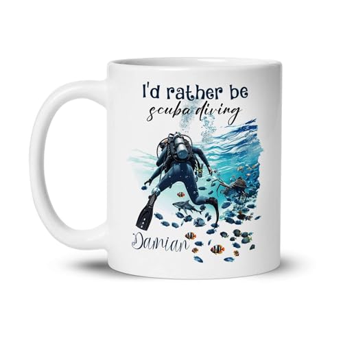 Personalized Scuba Diving Coffee Mug With Name, Diver Underwater Design Ceramic Cup, Customized Diving Present, Unique Mug For Scuba Divers, Diving White Mug 11oz, Gift For Ocean Lovers