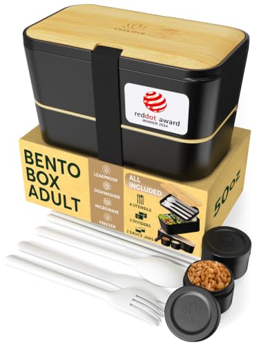 Image of Umami Bento Box Adult, Stackable Lunch Box, 50 oz, Black& Bamboo