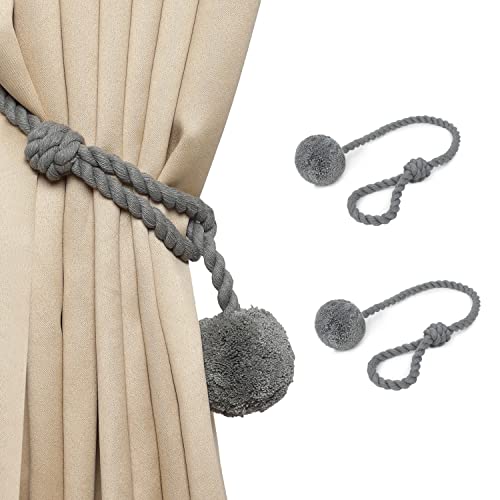 Image of Curtain Ball Rope Tiebacks Tie-Backs, Rope Ties, Curtain Handmade Holdbacks, Cotton Curtain Tieback (Gray -2pc)