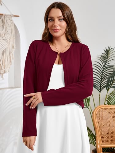 AusLook Plus Size Women Shrugs Long Sleeve Burgundy 4X Open Front Cardigan Knit Lightweight Coat Cropped Bolero Tops Shawls and Wraps Dressy Sweater — view 2