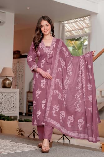 Image of PARTHVI Women's Pure Cotton Straight Kurta Set with Palazzo Pants & Dupatta|Ethnic wear|Kurta Set for Women