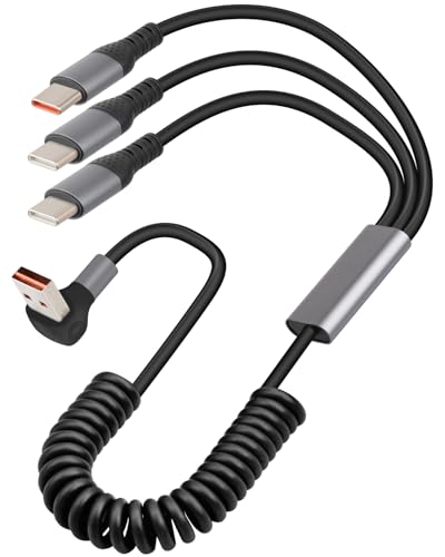 YANBORONSN 90 stopni USB-A kabel sprężynowy, kątowy 3 w 1, spiralny kabel USB A na USB C, do szybkiego ładowania do telefonu, tabletu (1,6 ft)