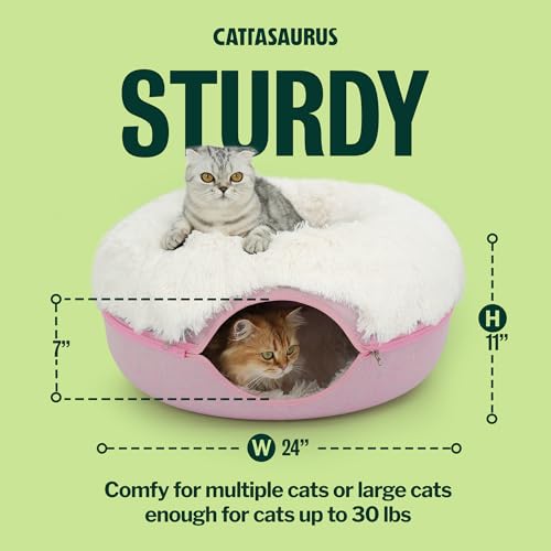 Image of CATTASAURUS Peekaboo Cat Cave for Multiple & Large Cats Up to 30-45 Lbs, Fluffy Cat Beds for Indoor Cats, Scratch Detachable & Washable Tunnel Bed, Comfy Donut Cave (Pink, Large (Calming))