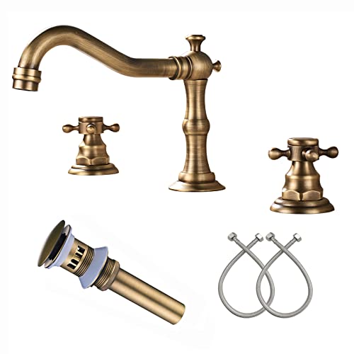 Votamuta Deck Mounted Three Holes Double Handles Widespread Bathroom Sink Faucet with Matching Pop Up Drain with Overflow,Antique Brass