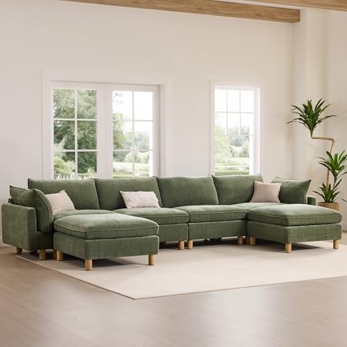 Image of CHITA 127 inch Super Large Sectional Couches for Living Room, Modular Cloud Couch Sectional Sofa, Premium Fabric Couches, Down Filled, High Density Foam, Chenille in Green, 4 Seat L Shaped