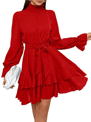 Sweatyrocks Women's Elegant High Neck Flounce Sleeve High Waist Ruffle Belted Party Mini Dress Red M #TOP3