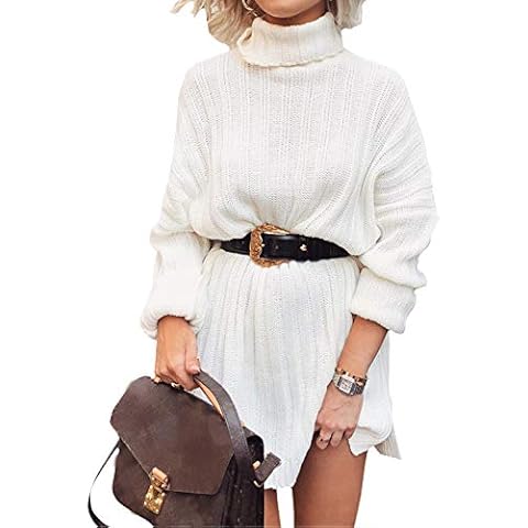 Women's Turtle Neck Jumper Dress Long Sleeve Knitted Sweater Dress Solid Color Knitwear Pullover for Autumn Winter (A White, XXL) Cover