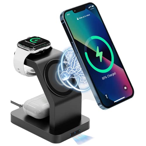 Image of Sevenaire MagCharge D1870 3 in 1 Wireless Charger | Mag-Safe |Charging Dock| 23W Fast Charge| Compatible with Mag-Safe for iPhone 16 to 12 Series | iWatch 10,9,Ultra,8,7,SE,6,5,4 | Air-Pods (BLK)
