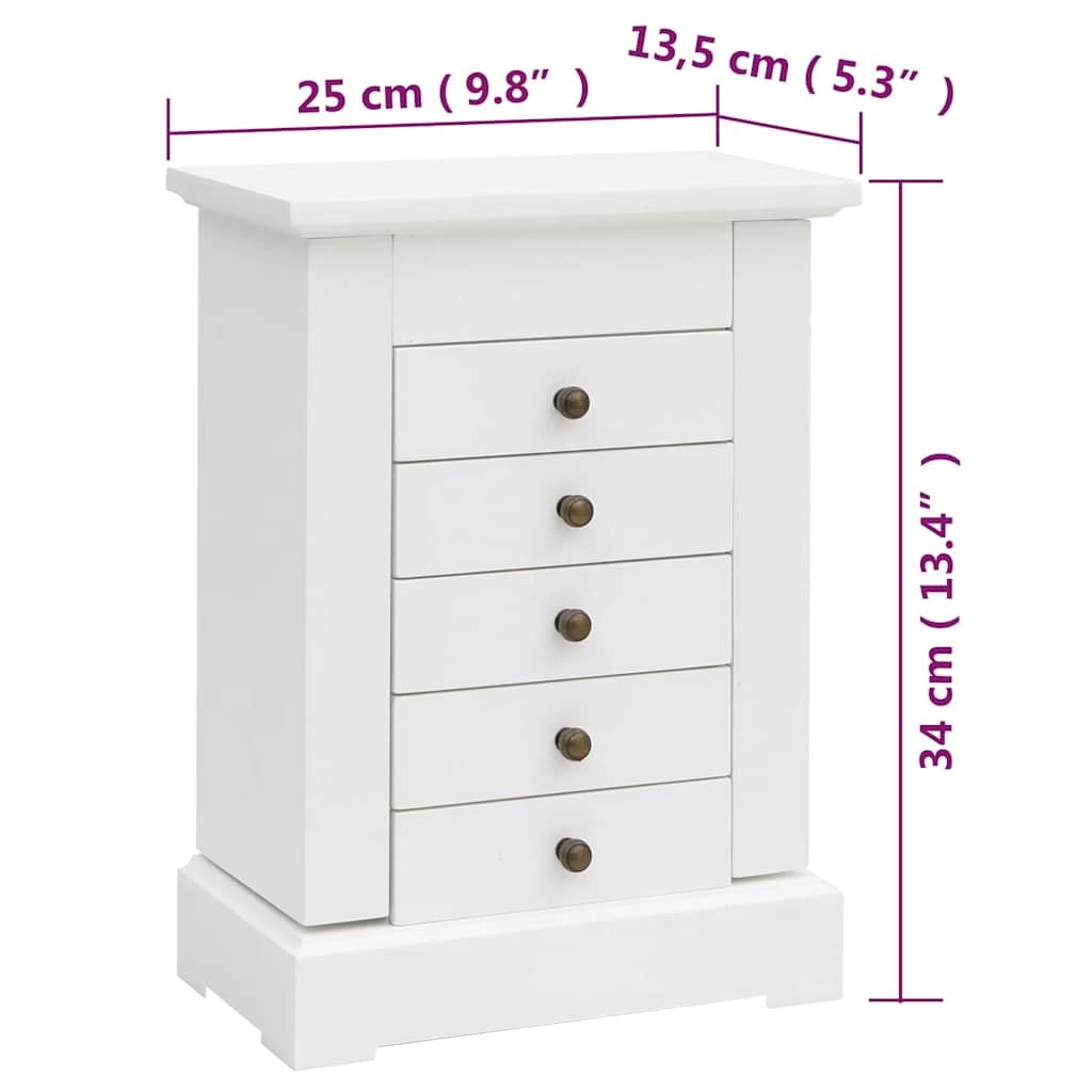 Szkatułka na biżuterię z lustrem z płyty MDF i szkła, 25 x 13,5 x 34 cm, 5 szuflad, 4 haczyki z każdej strony, do przechowywania biżuterii, stojaka na biżuterię i porządku w sypialni