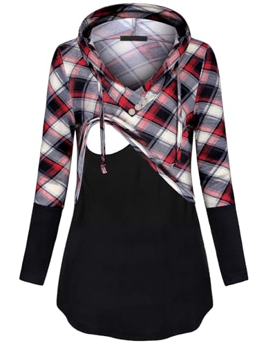 Image of Quinee Women's Long Sleeve Plaid Colorblock Nursing Pullover Hoodie Sweatshirts