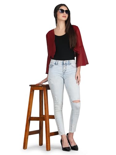 Image of AOL Women's Cropped Layered Lightweight Sheer Three-Fourth Bell Sleeves Georgette Open Neck Shrug Bolero