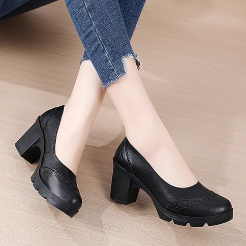 Women's Leather Wingtip Closed Round Toe Block Heel Pumps Slip On Comfort Anti-Slip Lug Sole Chunky Heel Brogue Work Dress Shoes for Daily Walking Office4