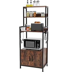 Standing Bakers Rack with Hutch and Storage Cabinet, 4-Tier Kitchen Microwave Oven Stand Spice Rack Organizer Shelf, Pantry Cabinet Coffee Bar Station with 8 S Hooks,CZWK-KR00TW059-CA