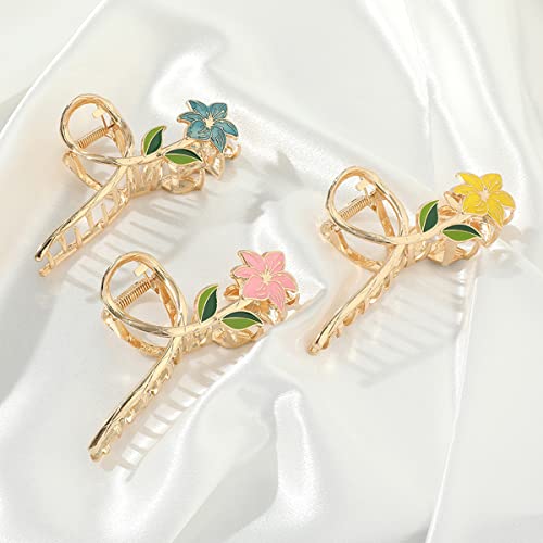 Lily Hair Claw Clips For Women 3Pcs Flower Hair Claw Large Lily Floral Non-Slip Strong Metal Hair Clips Hold Hair Acetate Jaw Clips Hair Accessories For Thick And Thin Hair(Blue Pink Yellow) #TOP3