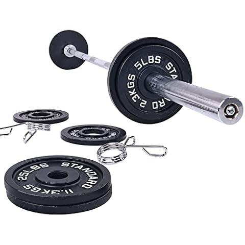 Signature Fitness Cast Iron Olympic 2-Inch Weight Plates Including 7FT Olympic Barbell, 130-Pound Set (85 Pounds Plates + 45 Pounds Barbell), Multiple Packages, Style #1 Cover